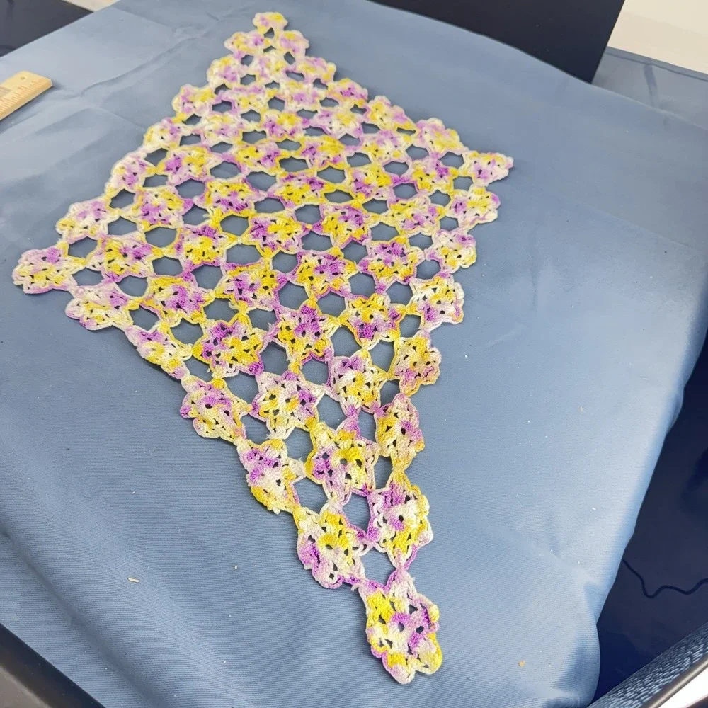 Vintage Hand Crocheted Doily Or Dresser Scarf, Geometric Design, Yellow, Purple